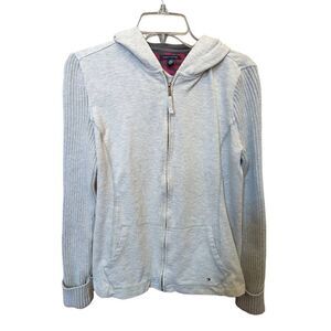 Tommy Hilfiger Women's Gray Cotton Hoodie With Knit Sleeve Full-Zip Sweater Larg